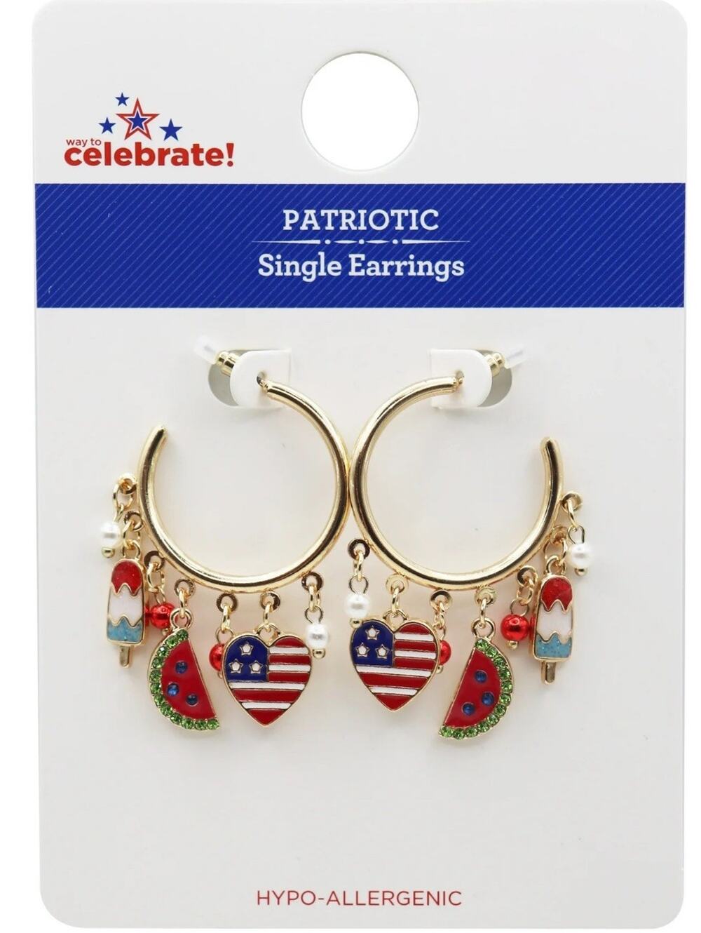 NWT Way To Celebrate Patriotic Hoop Earrings Red White Blue Watermelon Popsicle